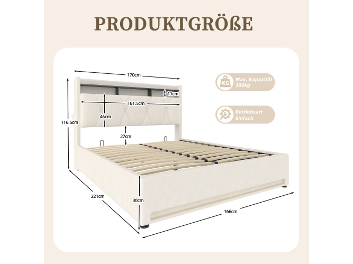 Estrutura De Cama Acolchoada 160x200cm Com Led, Usb Tipo-c, Armazenamento E Cabeceira, Bege - Sem Colchão