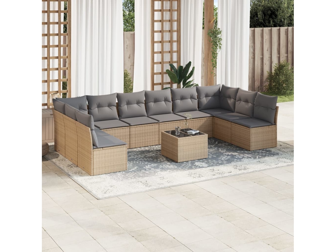 Vidaxl 11 Pcs Conjunto Sofás De Jardim C/ Almofadões Vime Pe Bege