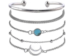 Conjunto De 5 Pulseiras Prateadas Em Formato De Lua Com Turquesa E Pérolas, Pulseira De Corrente Para Mãos Para Mulheres E Meninas. Nostalgia88