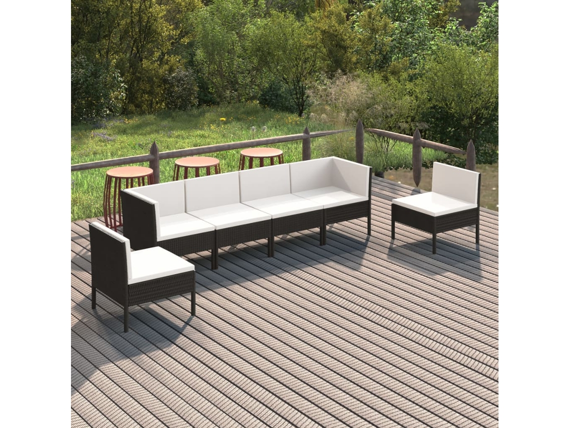Vidaxl 6 Pcs Conjunto Lounge De Jardim C/ Almofadões Vime Pe Preto