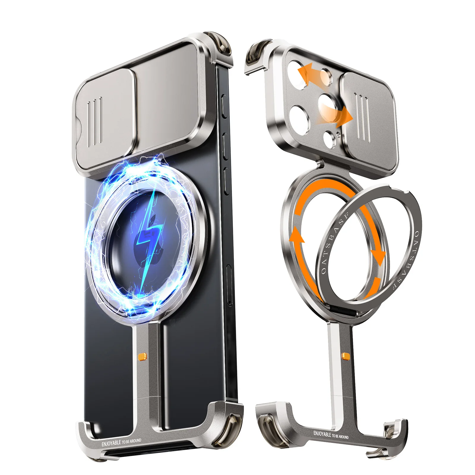 Capa Para Iphone 15 Pro Max Em Titânio (titanium) Com Suporte Magnético Giratório Magsafe De 360°.