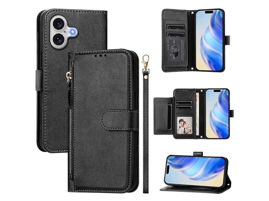 Capa Para Iphone 17 Com Zíper, Vários Compartimentos Para Cartão, Em Couro Pu, Preta