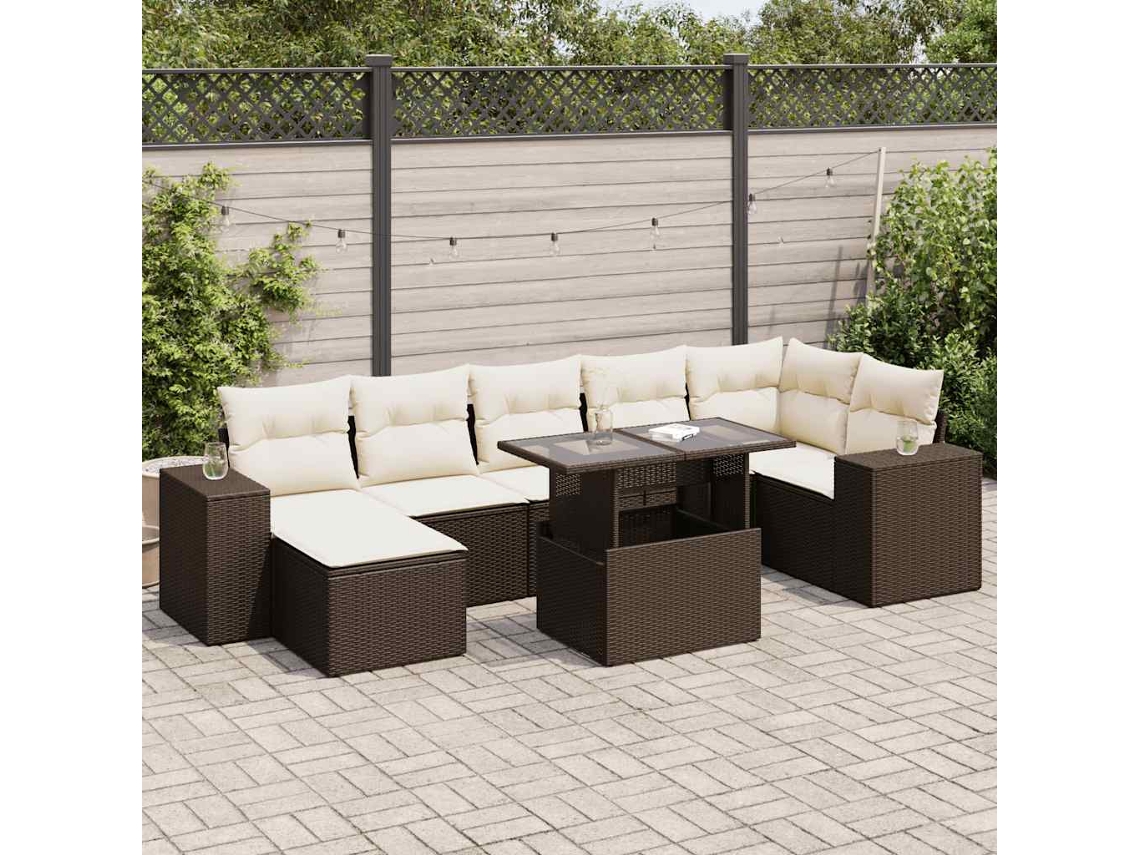 Vidaxl 8 Pcs Conjunto Sofás De Jardim C/ Almofadões Vime Pe Castanho