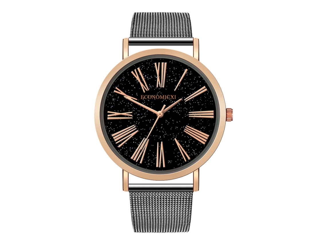 Relógio de pulso masculino em liga metálica com pulseira de malha, numerais romanos, movimento analógico de quartzo, preto e ouro rosa.
