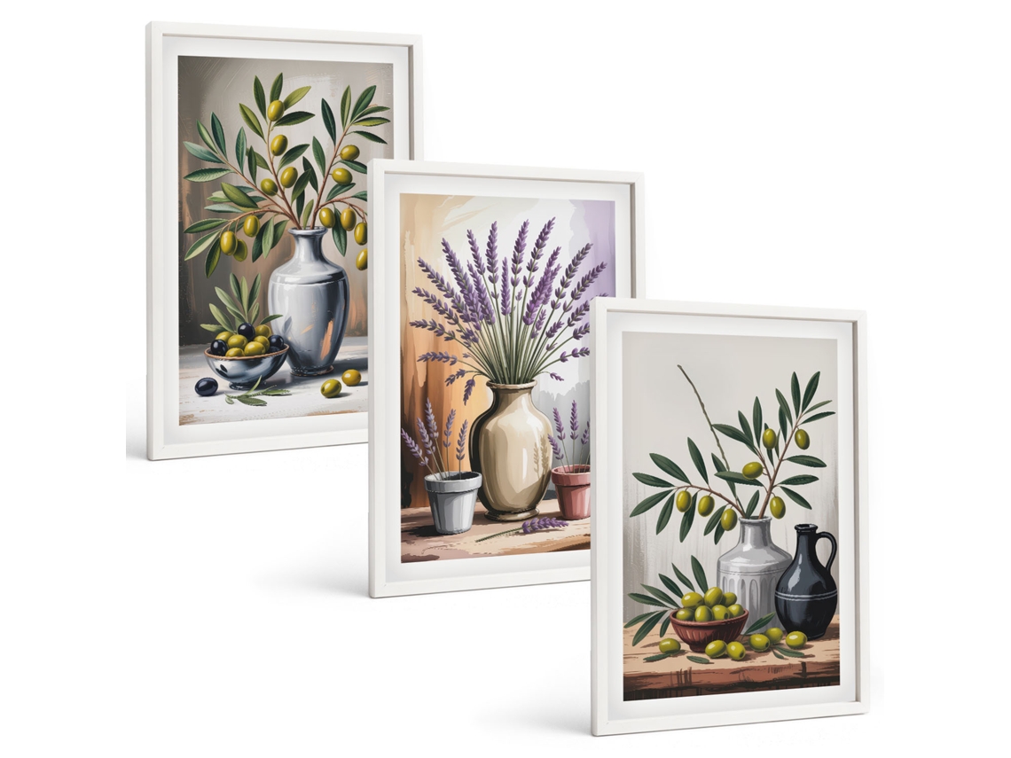 Galeria De Pinturas Murais Flores, Azeitonas Em Vasos, Fundo Moldura Branca Fotos Para O Escritório Espelharte (3 Piezas De 40x60 Cm)