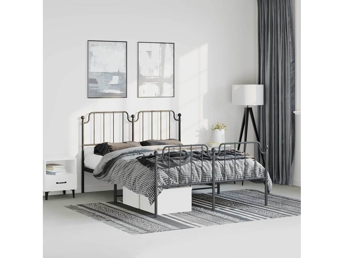 Vidaxl Estrutura De Cama Com Cabeceira E Pés 135x190 Cm Metal Preto