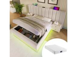 Cama Casal Bege 160x200cm Estofada, Led App, Usb-c, Ripas (c/ Colchão).-op