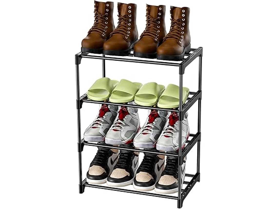 Estante de Calçado Quatro Prateleiras, em Metal Empilhável, Alta Capacidade 8 Pares para a Entrada, Multifuncional, Moderno STELASPLEN