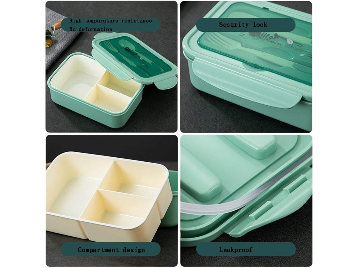 Caixa Almoço Plástico Verde, Bento Box com Talheres DUREFORWARD