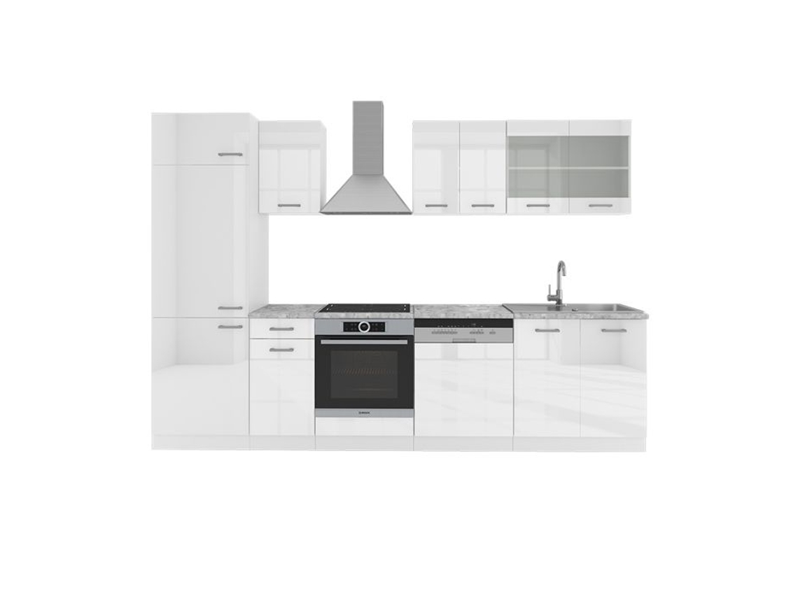 Cozinha R-Line, 300 cm, Mármore PT, branco brilhante/branco, Vicco