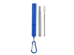 Kit Canudo Inoxidável Retrátil, Portátil, com Pincel, Carreteiro, Estojo de Alumínio, Azul
