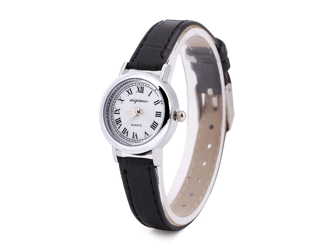 Relógio de Pulso Analógico de Quartzo Feminino com Pulseira Pu Preta e Mostrador Branco