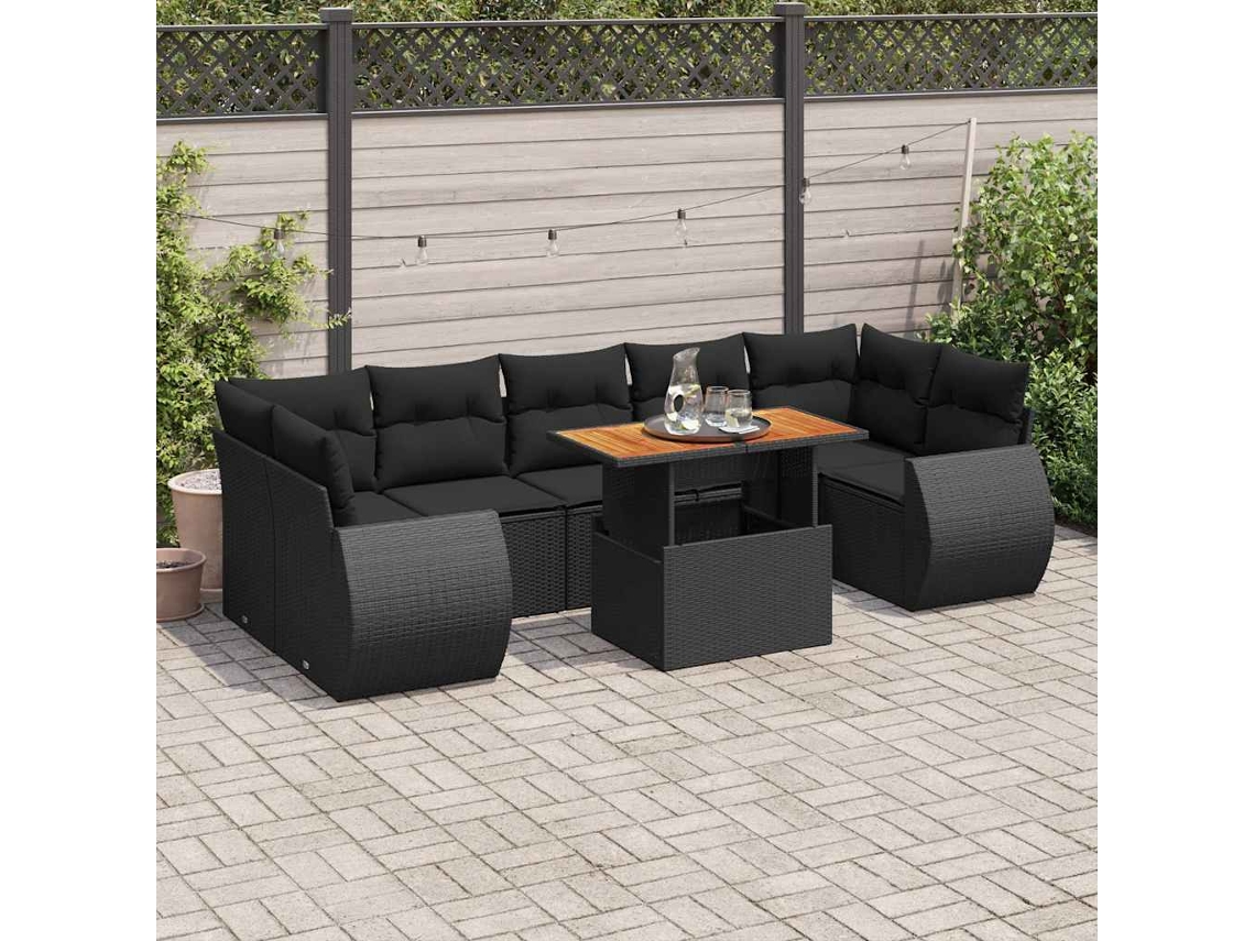 Vidaxl 8 Pcs Conjunto Sofás De Jardim Com Almofadões Vime Pe Preto