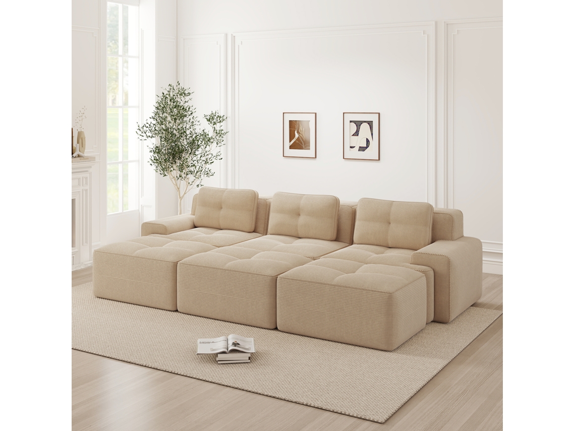 Sofás Canto Veludo Cama 3 Pufes 3 Assentos Bege