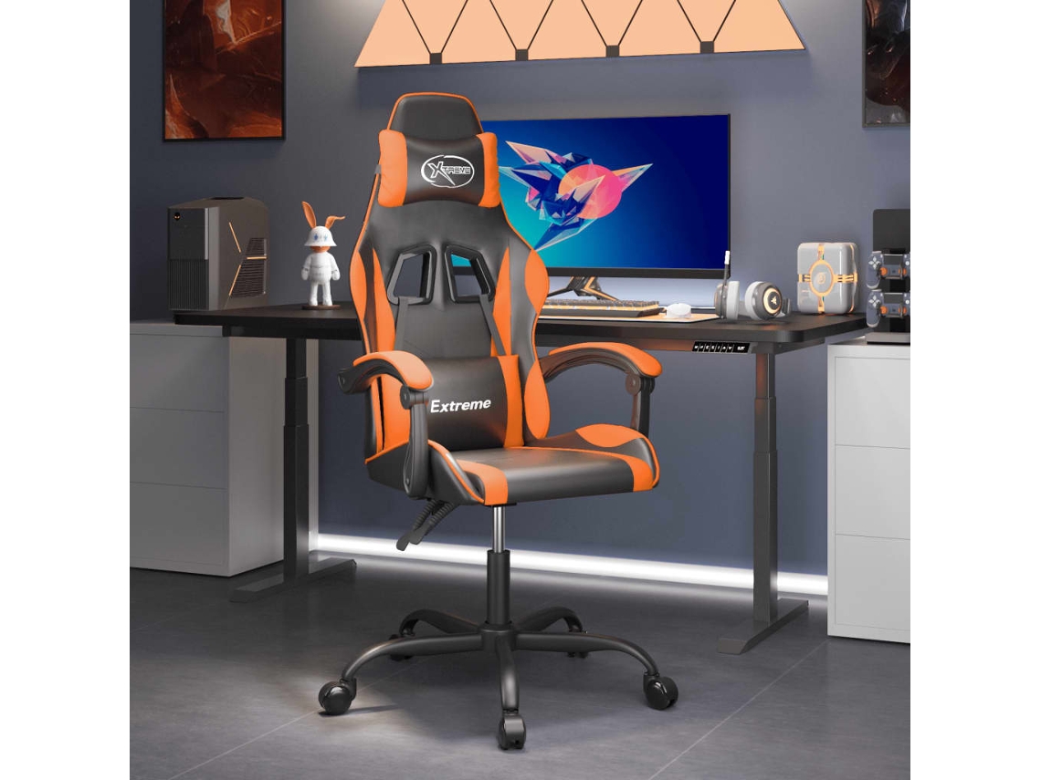 VidaXL Cadeira gaming giratória couro artificial preto e laranja