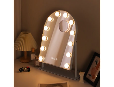Espelho De Maquiagem Fenchilin Vanity Com 12 Lâmpadas Led Luzes Arcado Mesa De Metal Branco (30 X 41 Cm)