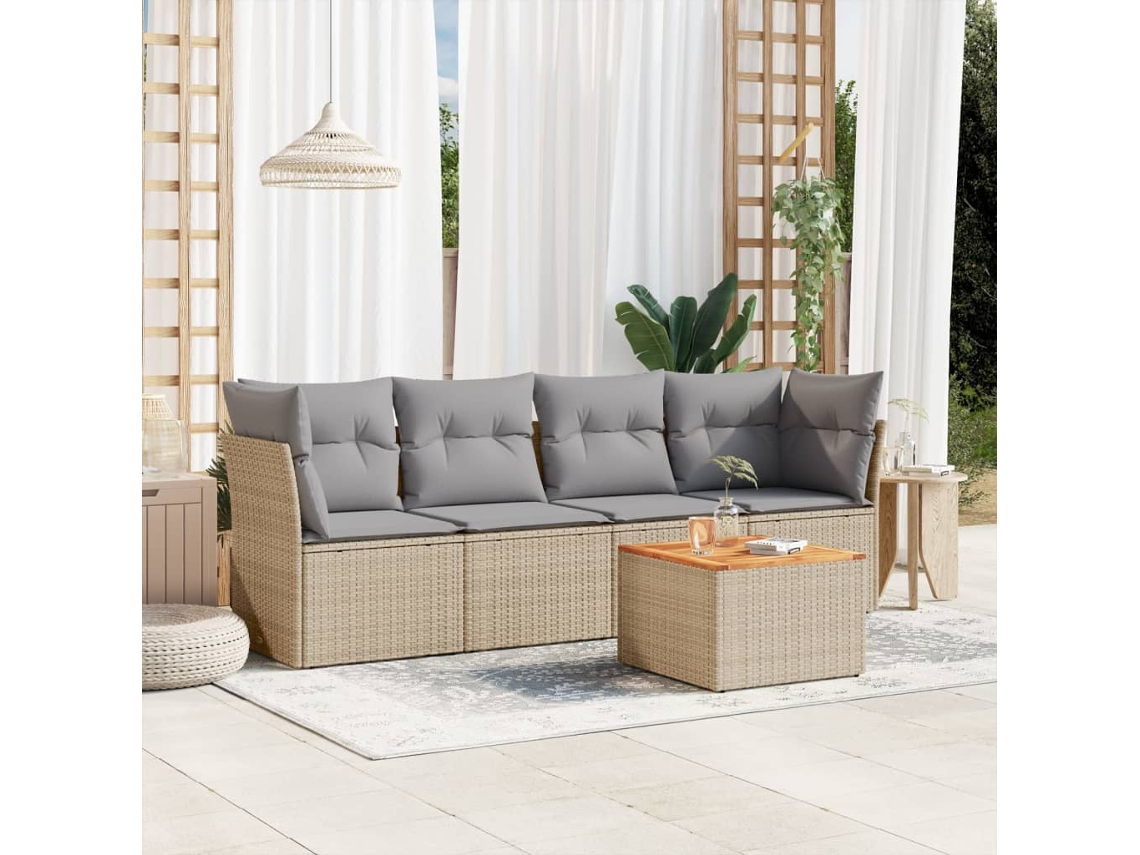Vidaxl 5 Pcs Conj. Sofás Jardim C/ Almofadões Vime Pe Bege Misturado