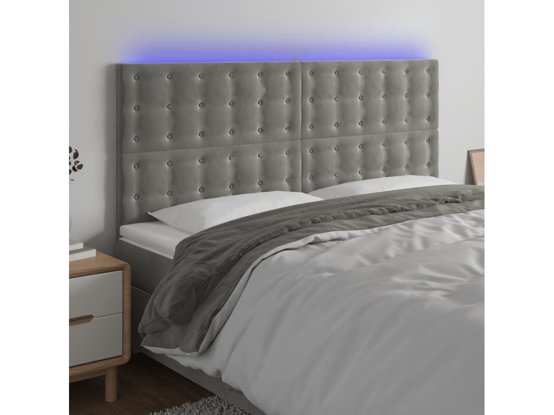 Vidaxl Cabeceira Cama C/ Luzes Led Veludo 180x5x118/128cm Cinza-claro