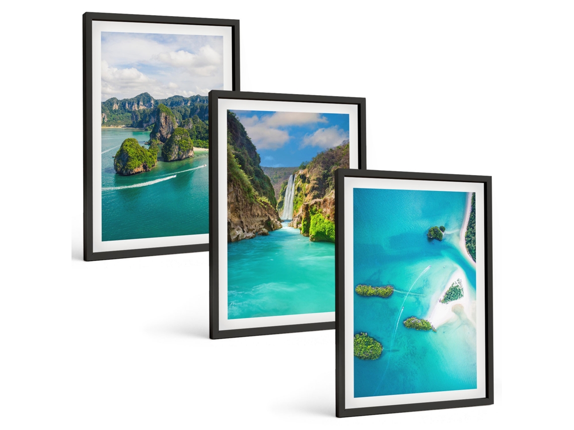 Galeria De Pinturas Murais Ilhas Tropicais, Água Turquesa Moldura Preta Fotos Para O Escritório Espelharte (3 Piezas De 40x60 Cm)