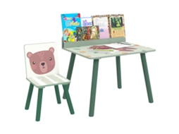 Conjunto de Cadeira e Mesa de Centro para Crianças com Prateleira de Armazenamento. em Mdf e Pine Wood. Verde Ge