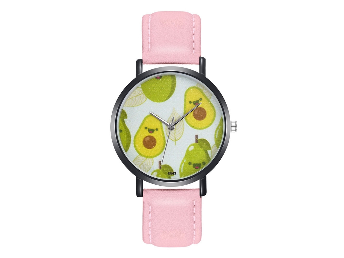 Relógio de pulso Zhoulianfa Quartz com pulseira de couro PU para homens e mulheres, mostrador rosa com estampa de frutas.