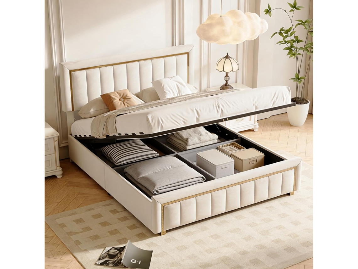 Cama De Casal 140x200, Cama Estofada Com Riscas Verticais E Bordas Douradas, Estrutura De Cama Para Quarto, Elegante E Imponente, Veludo, Bege,simurq