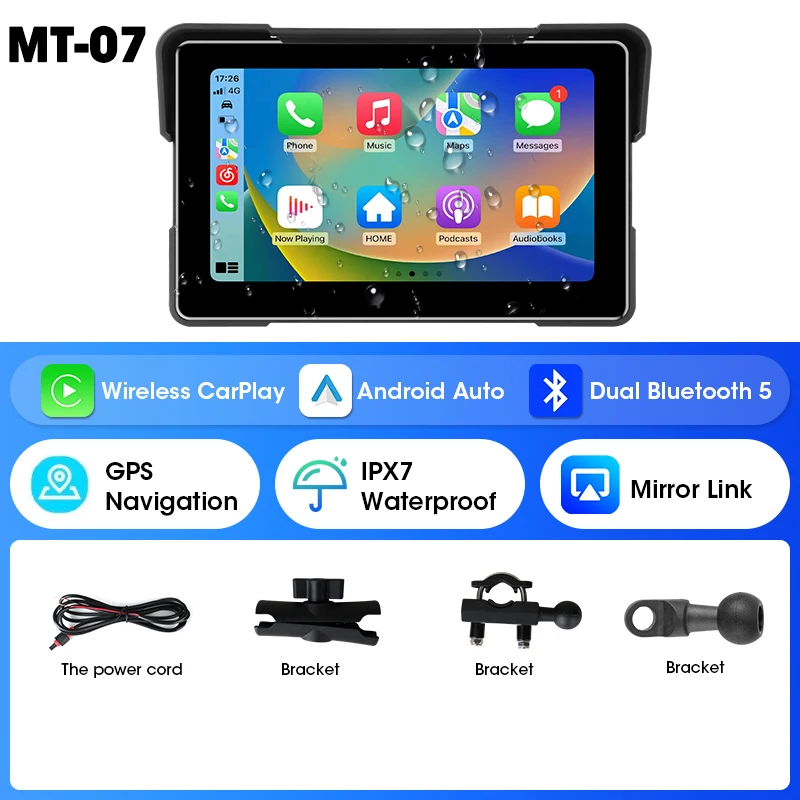 Navegação Para Motocicleta (7 Polegadas), Carplay Sem Fio, Bluetooth Duplo