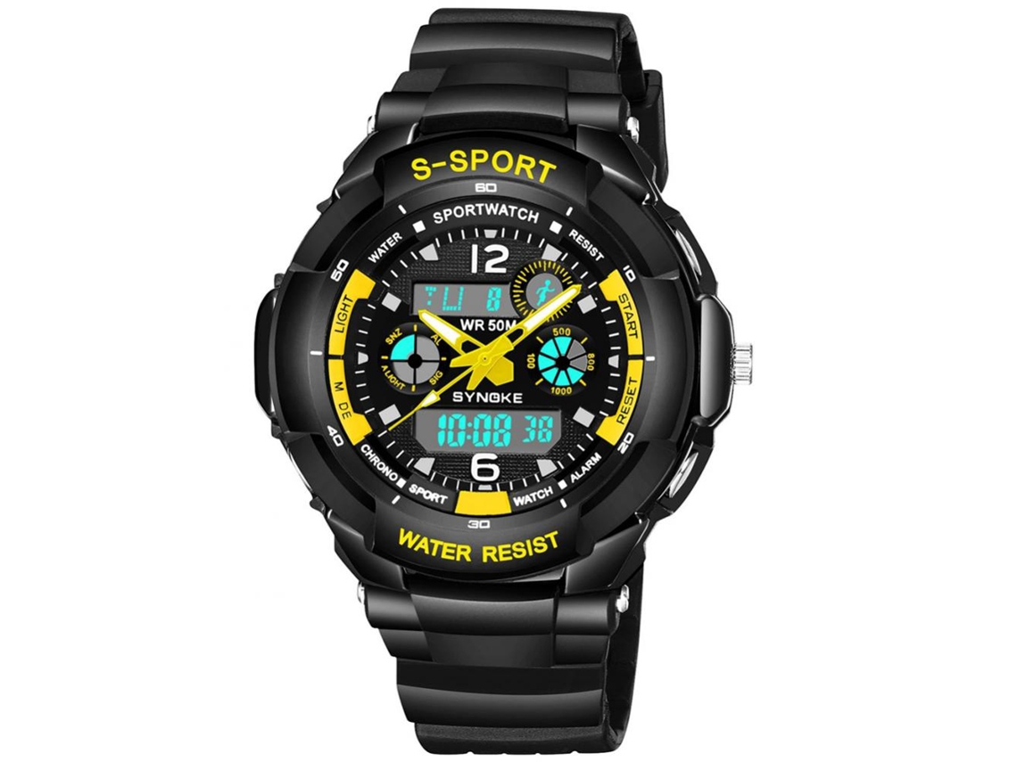 Relógio esportivo eletrônico masculino Synoke, elegante e moderno, ideal para natação, nas cores preto e amarelo.