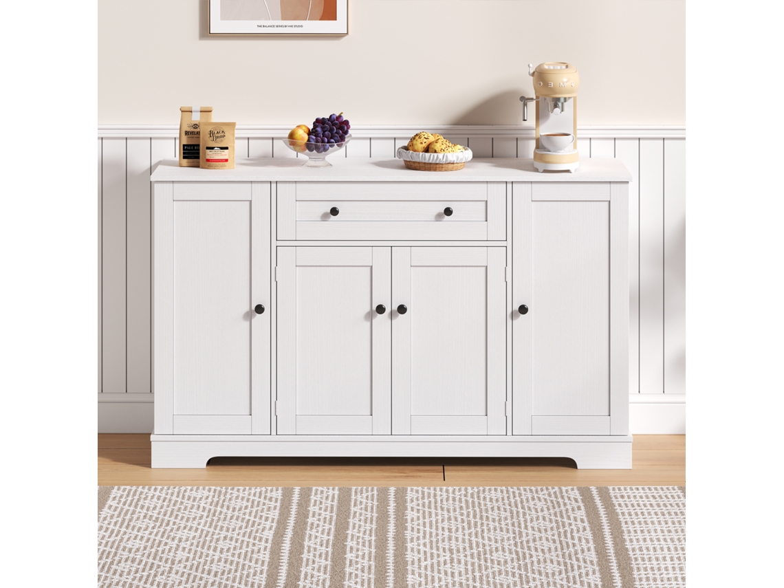 Buffet multifuncional de cozinha de 138 cm com gaveta, prateleiras, portas e prateleiras ajustáveis, design moderno e resistente à ventilação para cozinha e sala de estar.