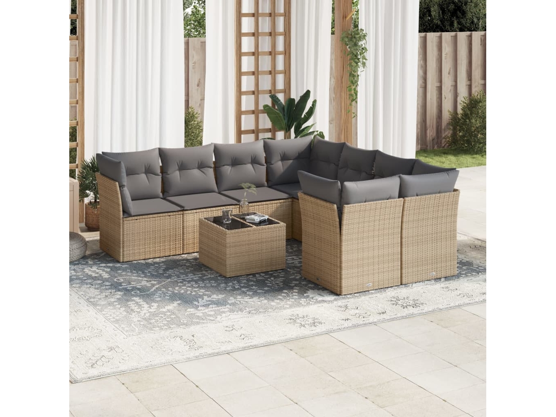 Vidaxl 9 Pcs Conjunto De Sofás P/ Jardim Com Almofadões Vime Pe Bege