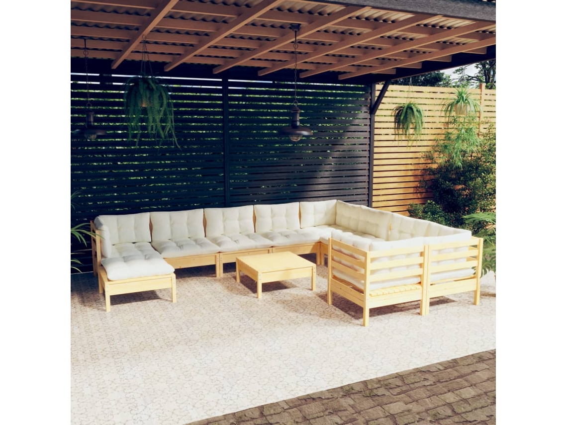 Vidaxl 11 Pcs Conjunto Lounge De Jardim C/ Almofadões Cor Creme Pinho