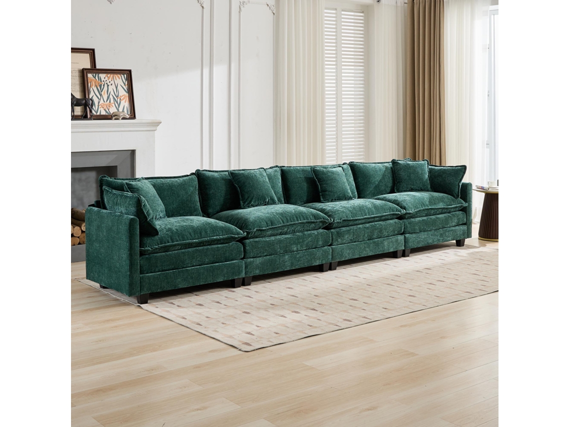 Sofá Cloud 4 Lugares Modular, Almofada Dupla, Chenille, Verde, Defo5014gn