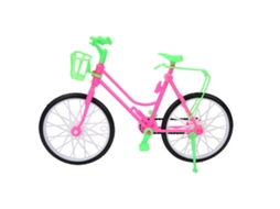 Bicicleta de boneca de plástico com cestinha, acessórios para atividades ao ar livre.