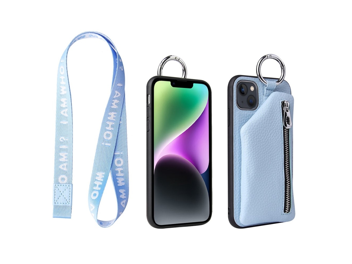 Capa Com Cordão Para Iphone 14 Plus Pele Sintética Anti-choque Azul