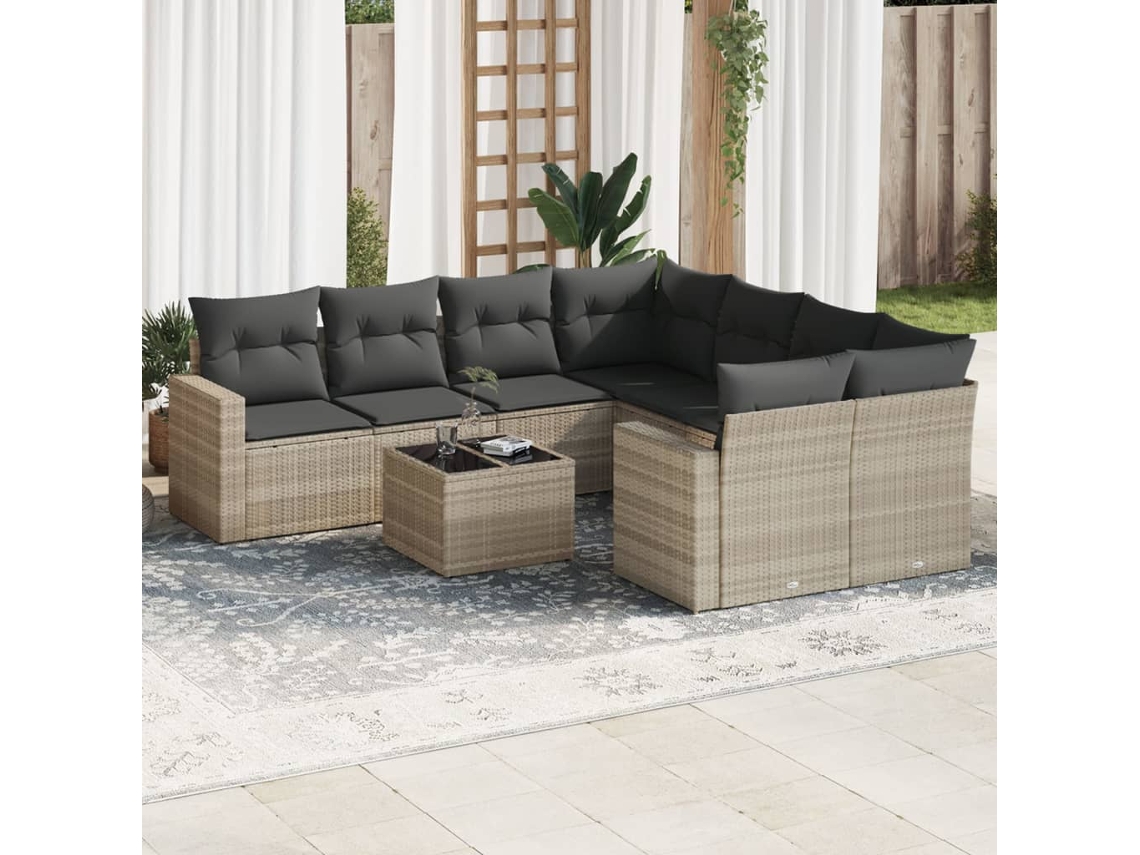 Vidaxl 9 Pcs Conj. Sofás Jardim com Almofadões Vime Pe Cinzento claro