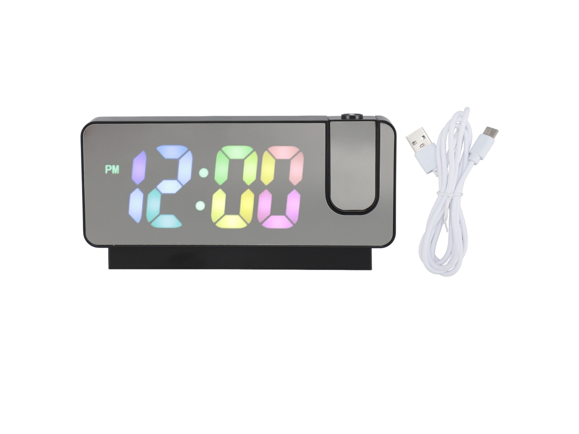 Reloj Despertador Proyección Led Digital Con Espejo Brillo Ajustable Recargable Modo 12h/24h Snooze Negro