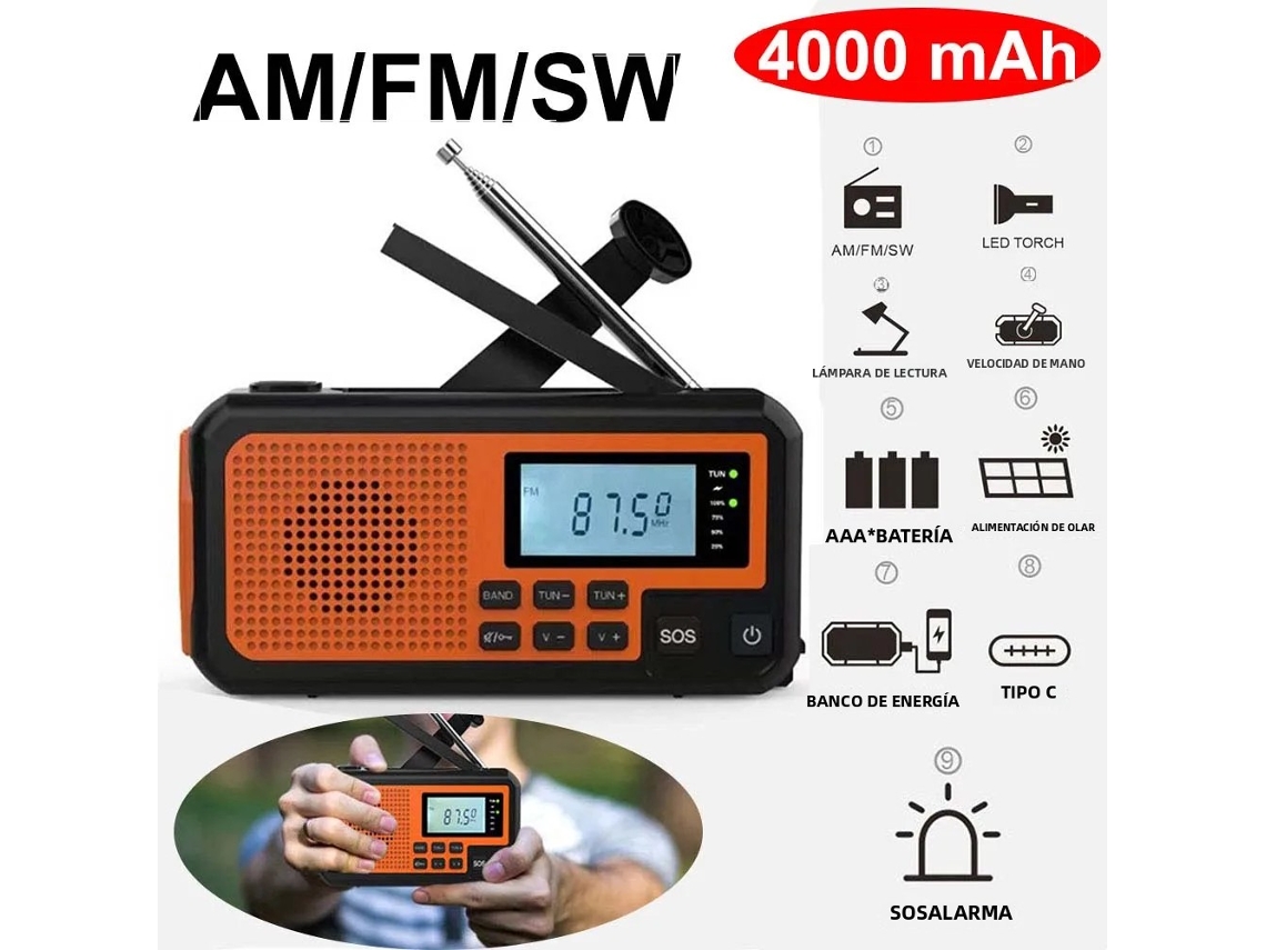Rádio Portátil de Emergência Am/fm com Energia Solar e Manivela, Bateria de 4000mah, Led, Carregador de Celular e Externa AQUAFORGE