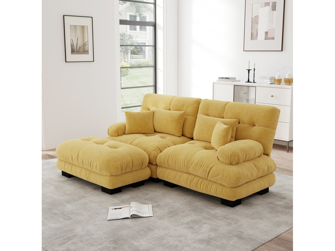 Sofá Modular Comprimido 3 Lugares Em Chenille, 220 Cm, Amarelo, Para Sala De Estar