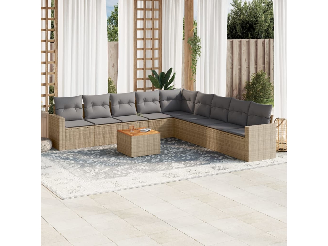Vidaxl 10 Pcs Conjunto De Sofás P/ Jardim Com Almofadões Vime Pe Bege