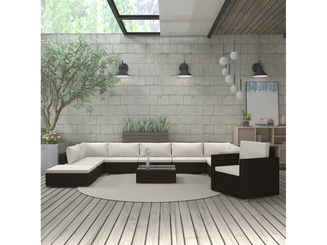 Vidaxl 11 Pcs Conjunto Lounge Jardim C/ Almofadões Vime Pe Castanho