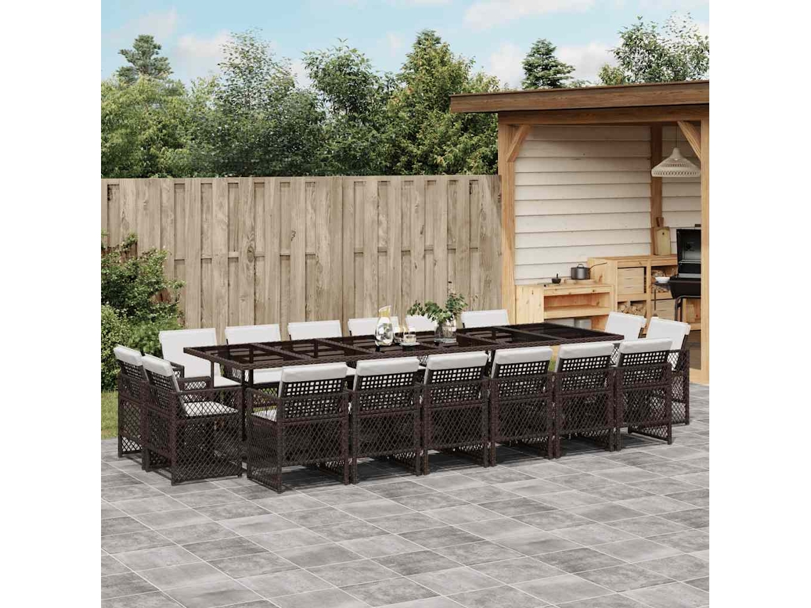 Vidaxl 17 Pcs Conjunto Jantar P/ Jardim C/ Almofadões Vime Pe Castanho