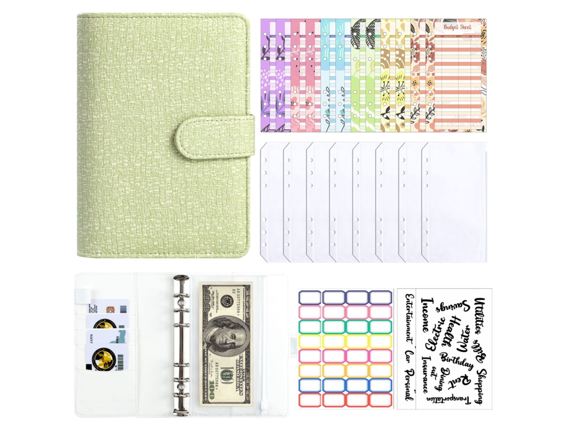 A6 Savings Challenge Binder Waffle Fabric Cash Budget Notebook, Green With 12-cash Budget Cards, 8-bill Envelopes