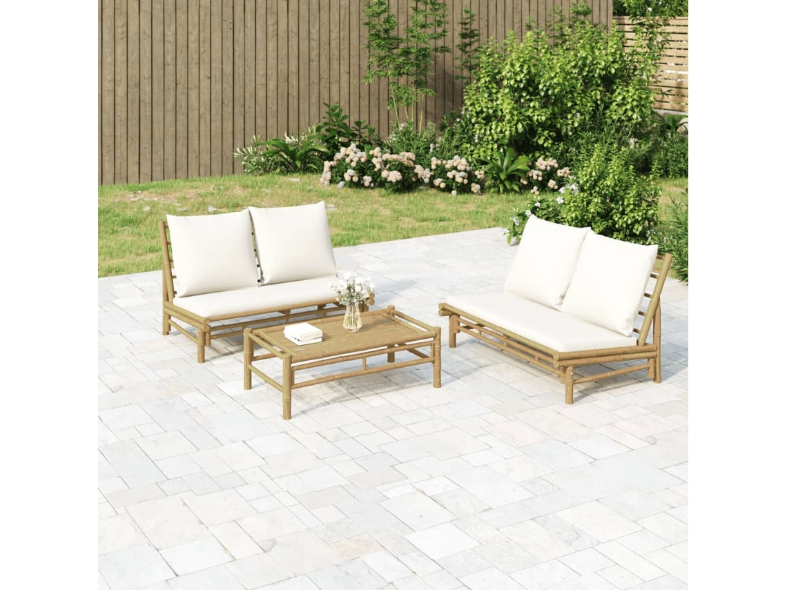 Vidaxl 2 Pcs Conjunto Lounge De Jardim Bambu C/ Almofadões Branco Nata