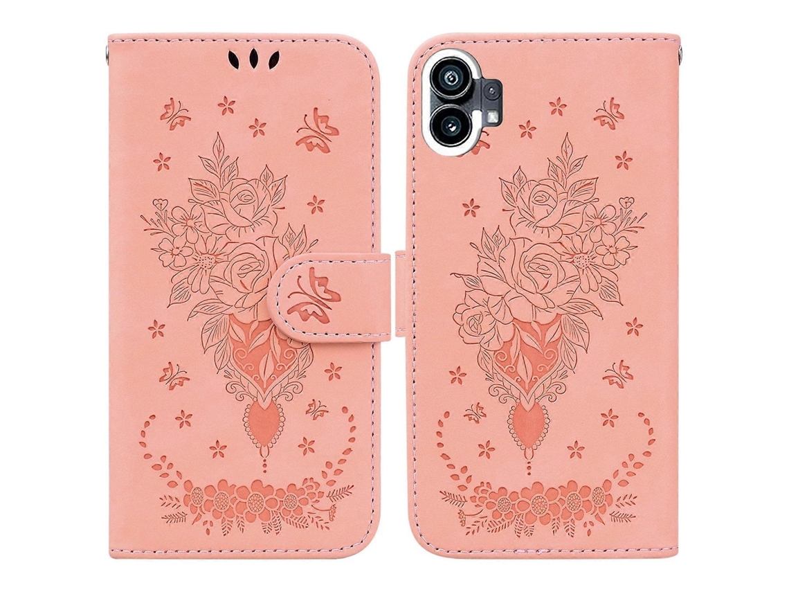 Capa De Celular Em Couro Com Estampa De Borboleta E Rosa Da For Nothing Phone 1