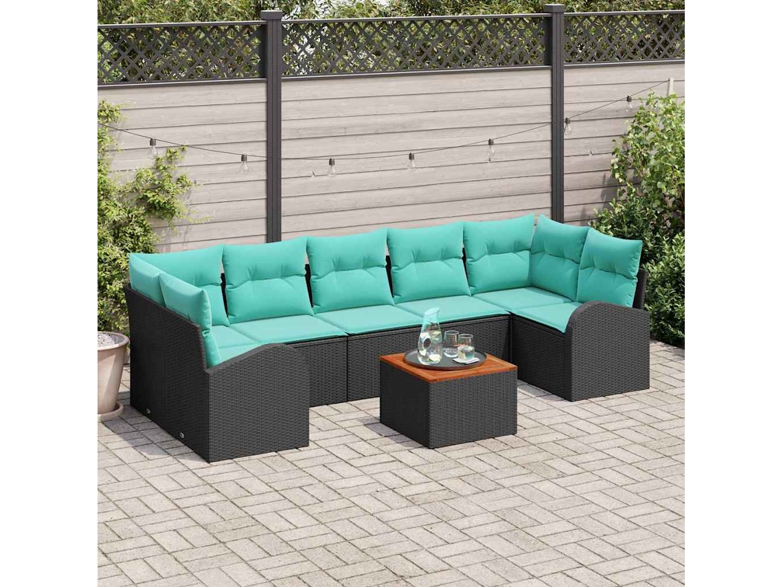 Vidaxl Conjunto De Sofá De Jardim 8 Unid. Preto E Turquesa Vime Pe
