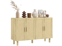 Aparador de Sala com 4 Portas, Rede em Vime e Prateleiras 120x39.5x76cm Madeira BTFORUS