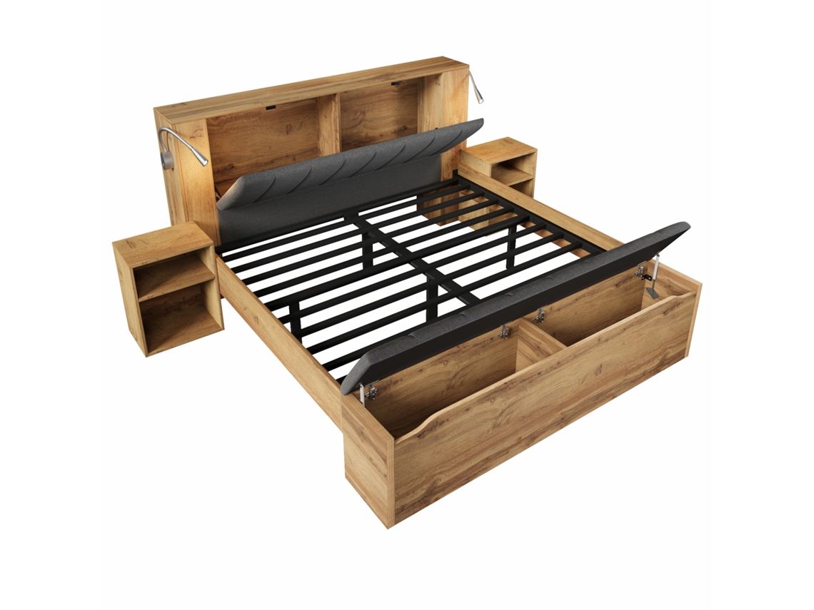 Cama de Casal 160x200 Cm em Madeira com Cabeceira Estofada, espaço de Armazenamento, mesas de Cabeceira e Candeeiros Usb PAPRIKA