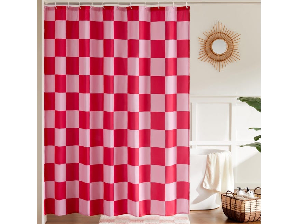 Cortina De Chuveiro Com Estampa Quadriculada Para Banheiro, Lavável À Máquina, Linda Cortina De Chuveiro Xadrez Retrô, 180 X 180 Cm, Vermelho Rosado