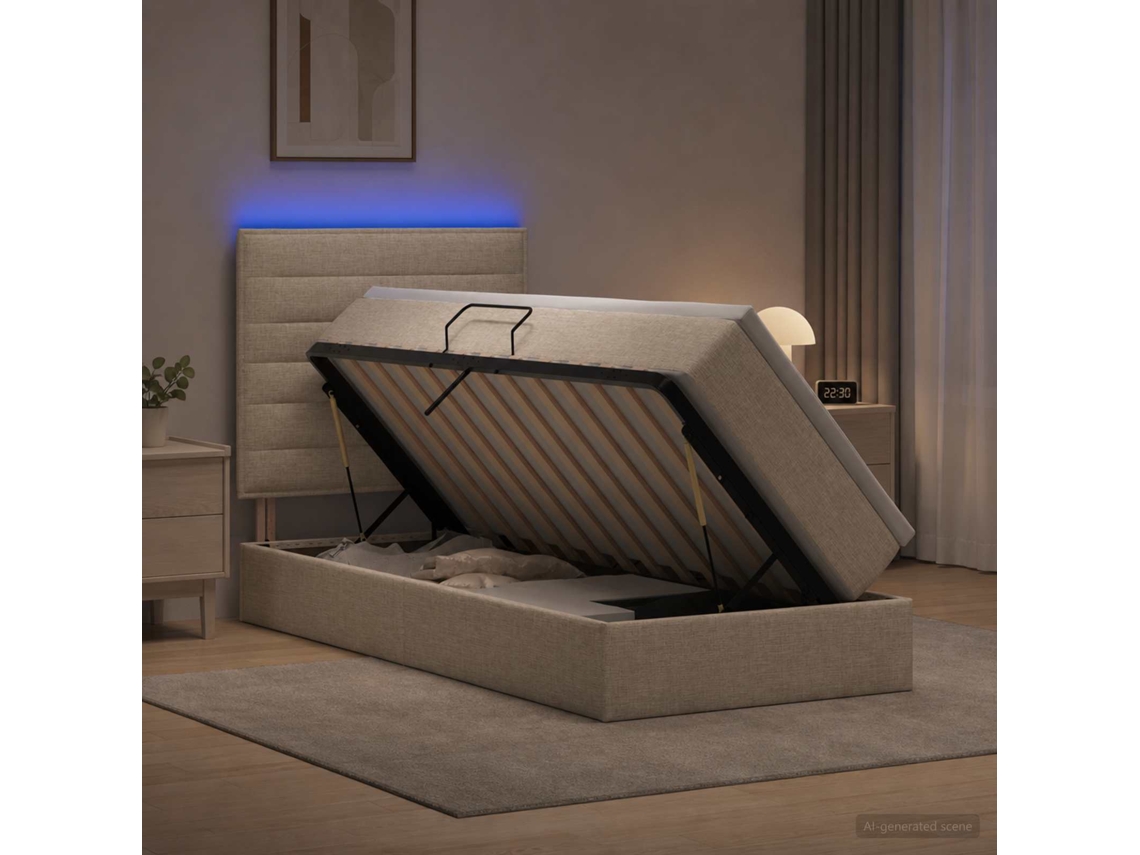 Vidaxl Cama De Armazenamento Led Com Colchão Creme 100 X 200 Cm Tecido