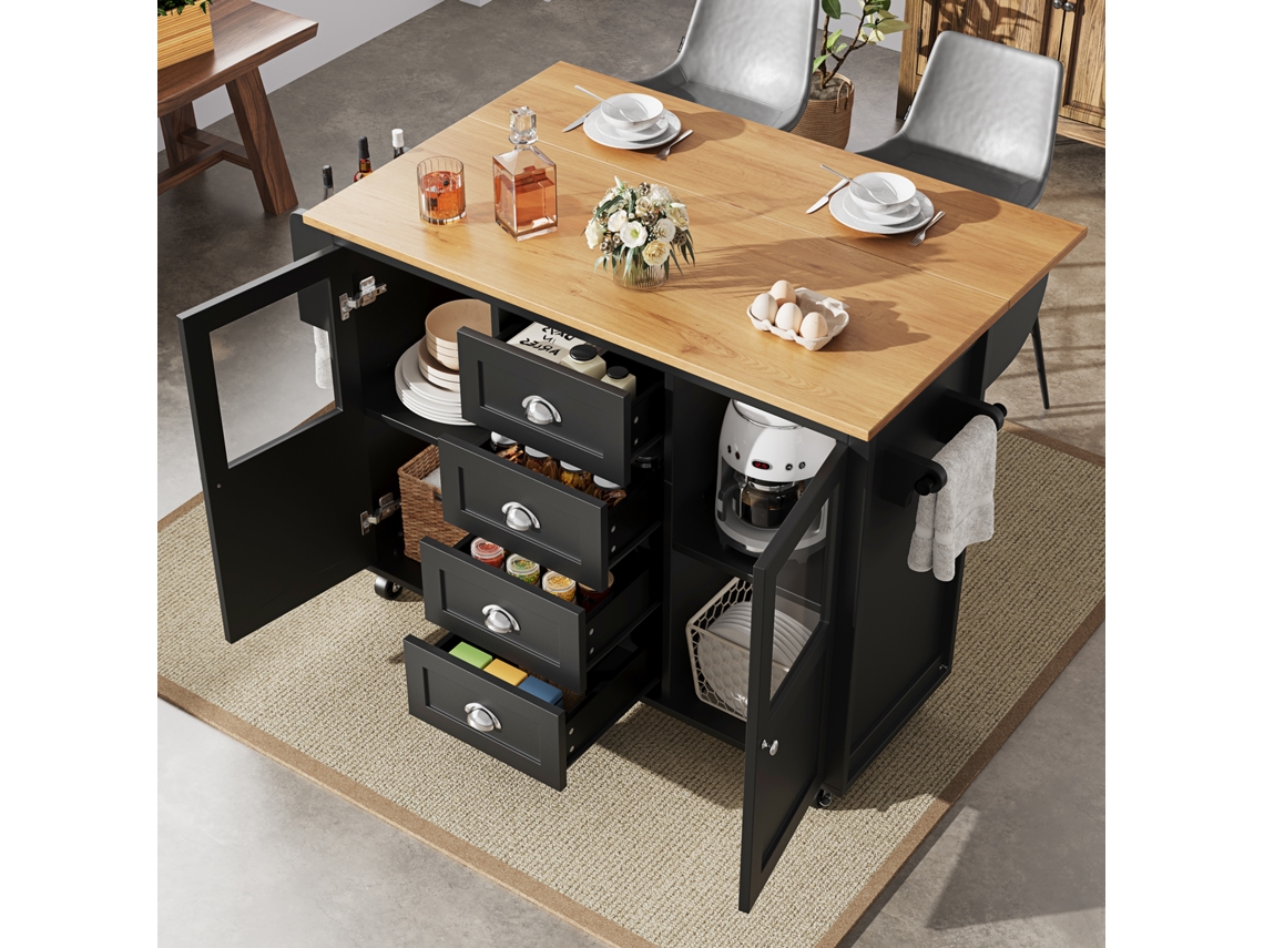 Ilha Cozinha Branco/preto 120x73(45)x93cm, Retrátil, Rodas, Suportes, 2 Portas, 4 Gavetas.-lb